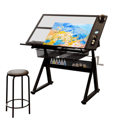 Landpink Adjustable Drawing Table for Artists | Drafting Desk with Tilted Glass Top | Art & Craft Table for Adults (Black, Smart Upgrade-29.52’’- 37.8'' H)