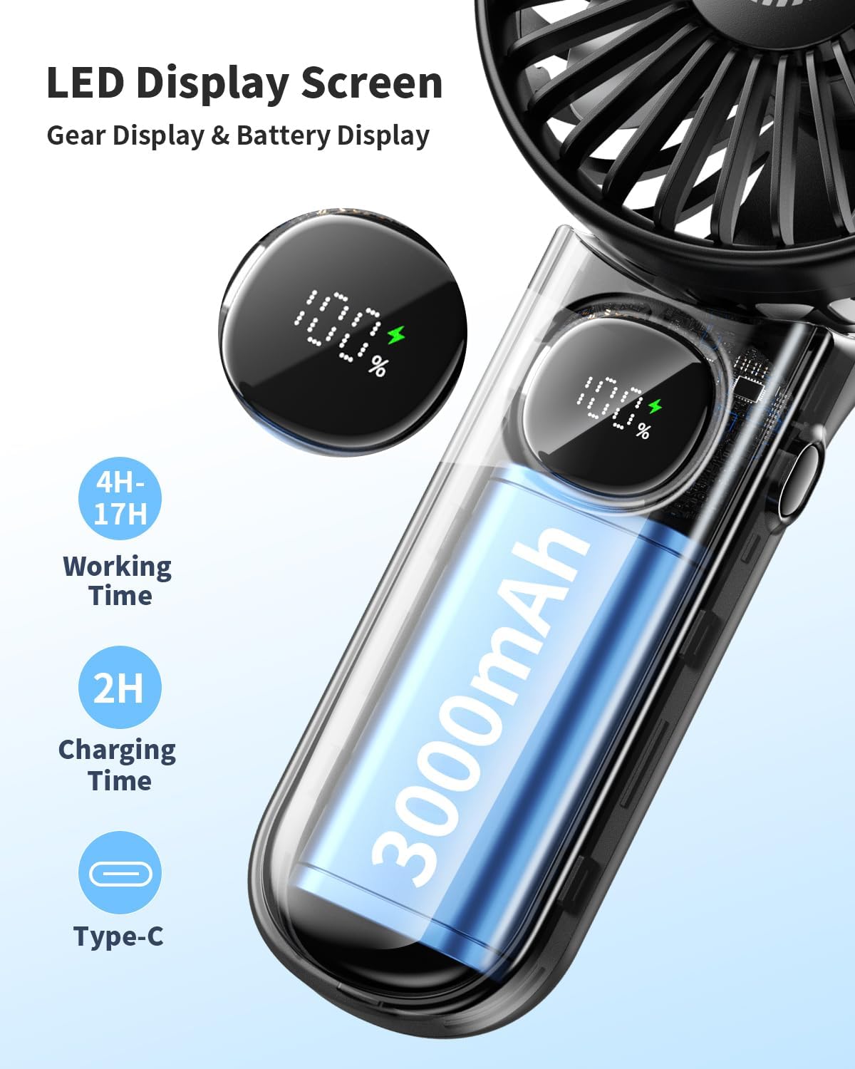 Handheld Fan, Foldable Portable Mini Fan with LED Display, 3000mAh Battery Operated for Travel, Black