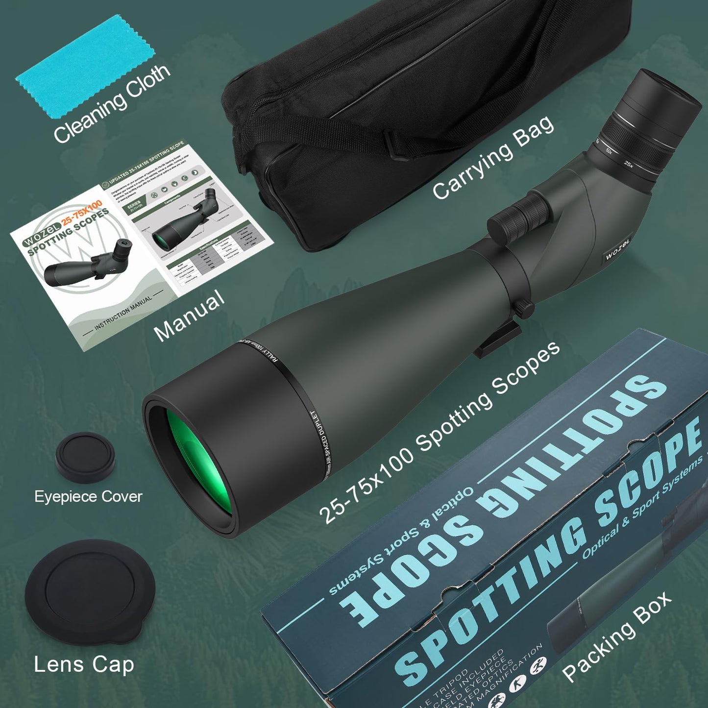 WOZEL 25-75x100mm HD Spotting Scope - 45 Degree Angled BAK4 Prism High Definition Waterproof Spotter Scope for Bird Watching Target Shooting Hunting Wildlife Viewing with Carrying Bag