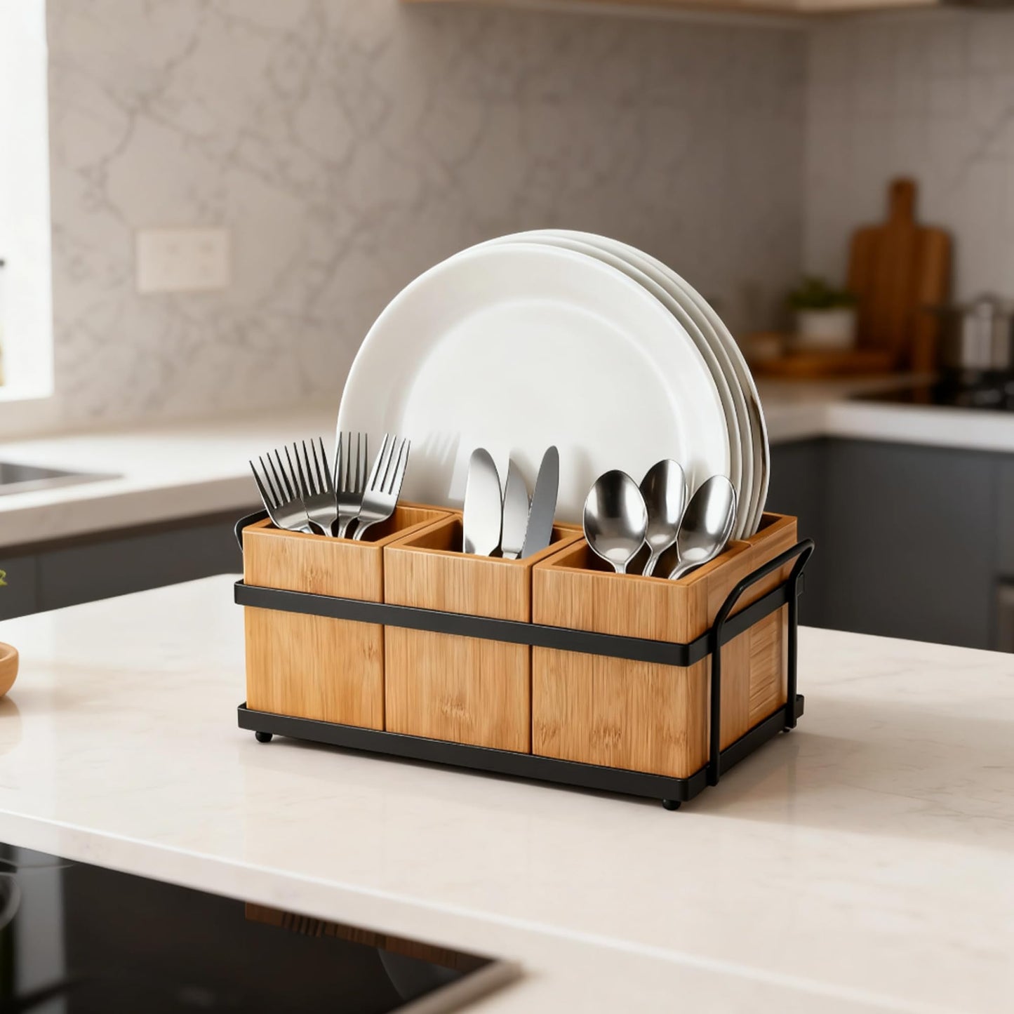 Silverware Caddy Wood Utensil Holder 4-in-1 Bamboo Utensil Caddy with Removable Divider Portable Kitchen & Dining Organizer for Forks, Napkins, Plates, BBQ, Picnic, Camping Countertop Organizing