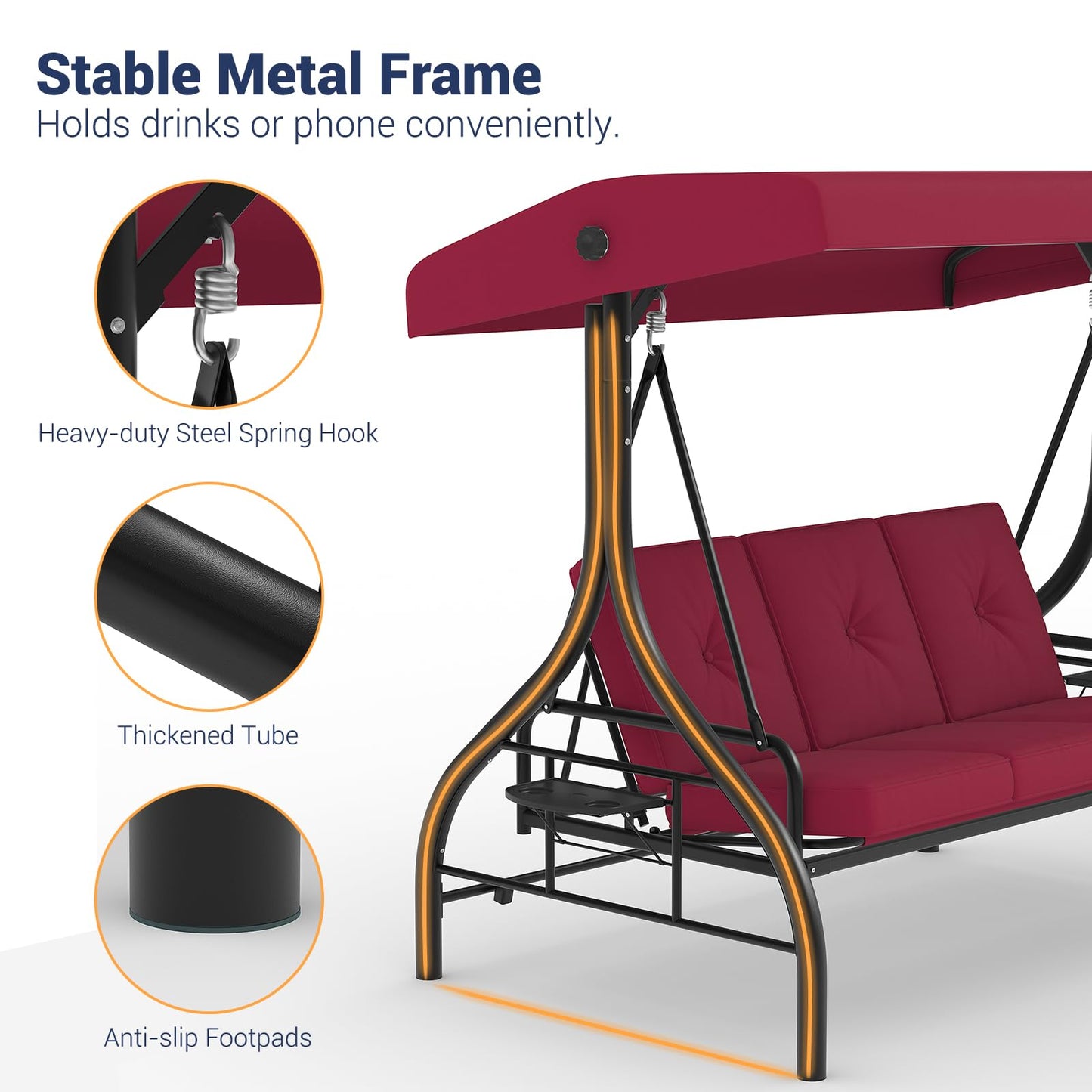 GarveeLife 3-Seat Outdoor Porch Swing with Adjustable Canopy, Convertible Patio Swing Bed with Stand, Thick Cushions & Cup Holders, Weather-Resistant for Backyard, Garden, Porch - Red