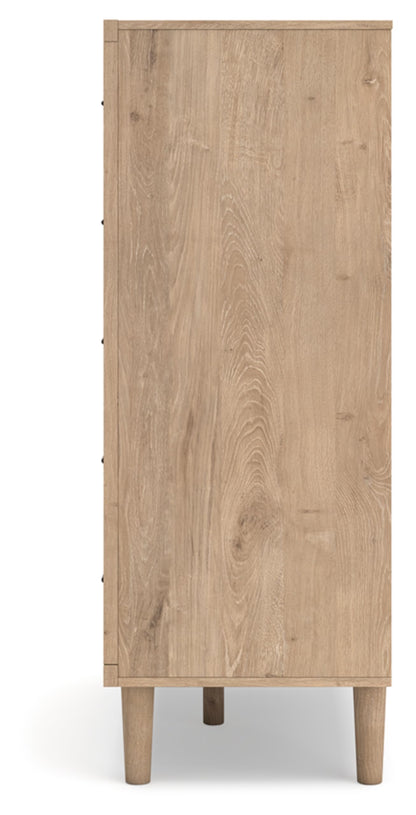 Signature Design by Ashley Cielden Contemporary Chest of Drawers with Textured Cane Details and 5 Drawers, Bronze Knobs, Wood, 52.48" High, Light Brown