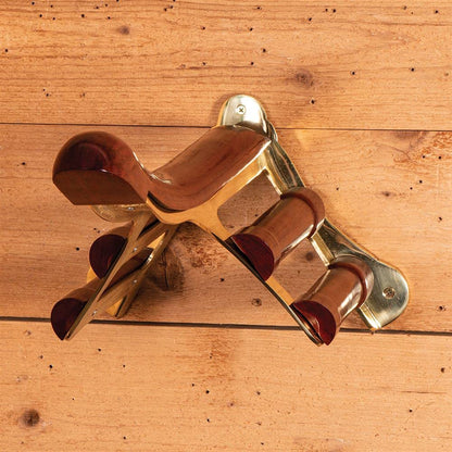 EASY-UP Berlin Brass English & Dressage Saddle Rack | Horse Tack Room Addition | Solid Brass Framing | Lacquered Wood Grain Overlay | Wall Mounted | 11-3/4" Wide x 8-1/2" Tall x 20.5" Long
