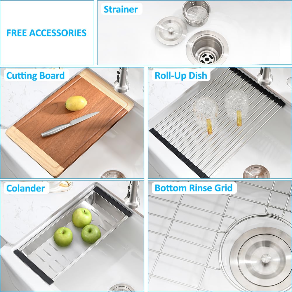 33 Inch White Farmhouse Sink Workstation-VASOYO 33 x 21 Apron Front Farm Sink White Fireclay Farmhouse Kitchen Sinks Workstation Single Bowl Deep Kitchen Sinks Undermount with Cutting Board