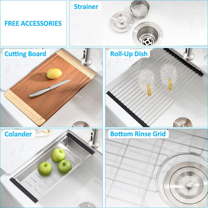 33 Inch White Farmhouse Sink Workstation-VASOYO 33 x 21 Apron Front Farm Sink White Fireclay Farmhouse Kitchen Sinks Workstation Single Bowl Deep Kitchen Sinks Undermount with Cutting Board