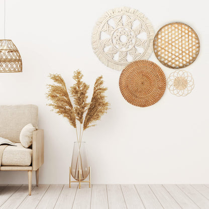 Tatuo Set of 4 Boho Wall Basket Decor Round Rattan Hollow Bamboo Baskets Flower Shape Flat Woven Wall Decor Hanging Basket Set Macrame Tassel Tapestry for Bedroom Living Room