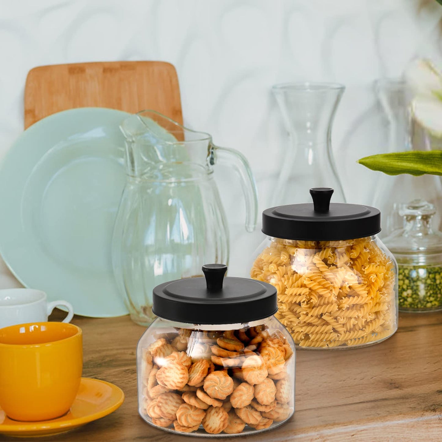 AVLA 3 Pack Glass Jars with Metal Lid, 58 OZ Clear Round Cookie Candy Jar, Food Storage Container with Black Lid, Empty Canister Set for Kitchen Counter, Pasta, Dog Treat, Snack