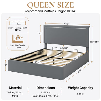 SHA CERLIN Queen Size Hydraulic Lift-Up Storage Platform Bed Frame with Charging Station, RGB LED Lights, Adjustable Velvet Headboard, USB-A and USB-C Ports, No Box Spring Needed, Grey