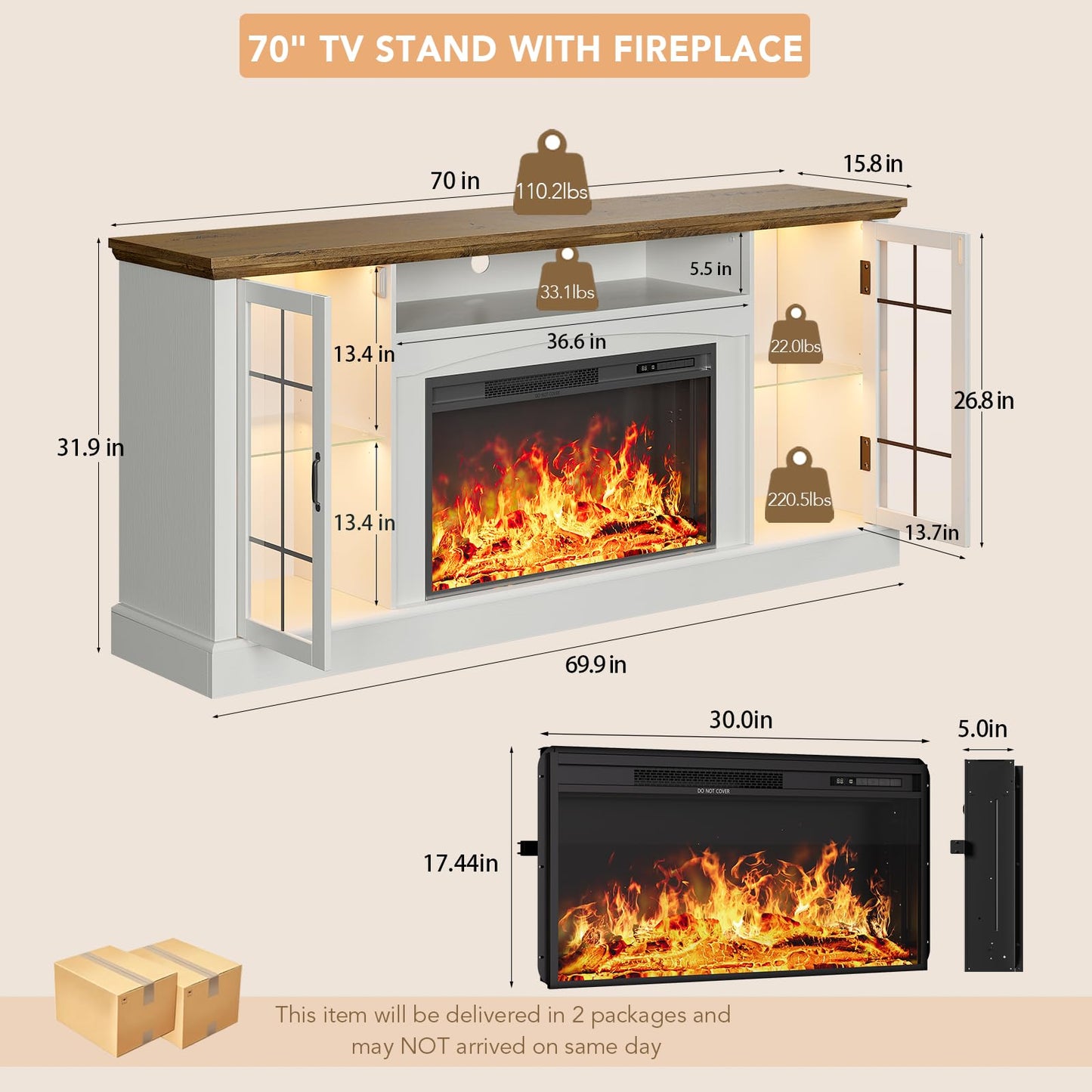 OneBlis 2-in-1 Multifunctional Fireplace TV Stand with 30" Removable Electric Fireplace, 70" Farmhouse Entertainment Center, Media Console Table with Large Storage Cabinets, for Living Room, White