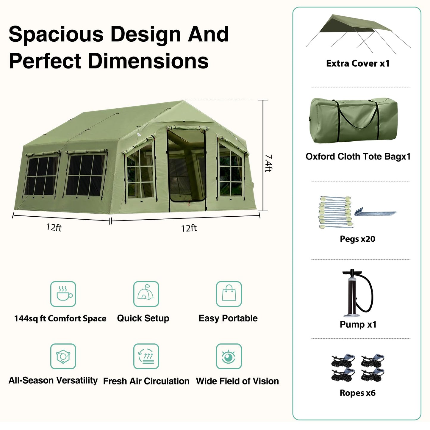 KNUO 2026 Upgraded Waterproof Inflatable Camping Tent for Winter with Rain Cover for 4~6 People, Large Blow-Up Air Tent, No Assembly Needed Luxury Glamping House, 12x12ft Oxford Fabric, Green