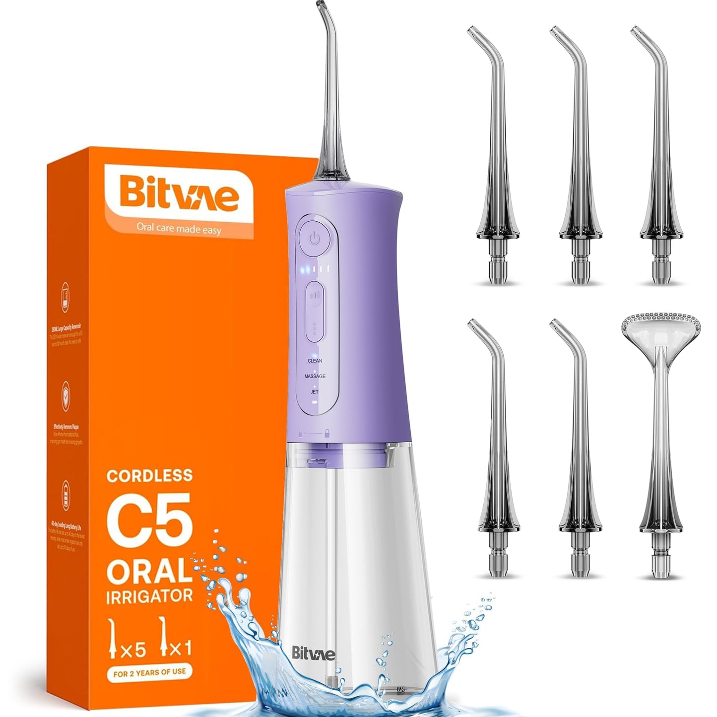 Bitvae Water Dental Flosser for Teeth, Cordless Water Teeth Cleaner Picks, 3 Modes 5 Intensities, IPX7 Waterproof, Rechargeable Water Dental Picks for Cleaning - Black