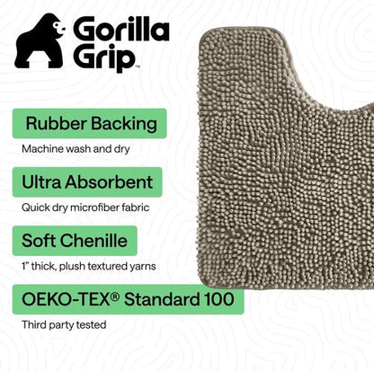 Gorilla Grip Shaggy Chenille Bath Rug Mat - Plush Absorbent Toilet Contour Mat | Machine Washable, 22" x 19" x 15", Latte