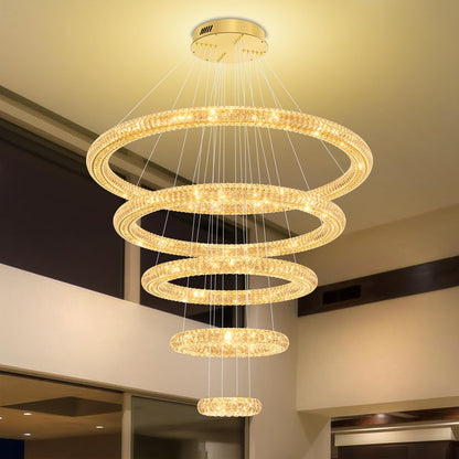 IDEQUY Large Gold Ring Chandelier for High Ceiling Modern Long Crystal Chandelier Lighting, Dimmable LED Ceiling Chandeliers,5 Ring D8‘’+15.7‘’+23.6‘’+31.5‘’+39.4''