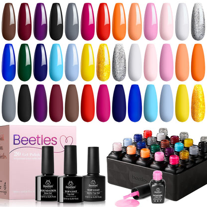 Beetles Cat Eye Gel Polish Set - 24Pcs 20 Colors Glitter Dark Color Changing Gel Nail Polish Kit with Base Gel Glossy Matte Top Coat Soak off UV DIY Nail Art Salon Ombre Black Nails Gift