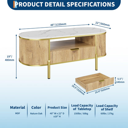 Modern Luxury Oval Coffee Table with Drawer, 48" Fluted Coffee Table with Faux Marble Top, Curved Profile Design, Gold Metal Decor, Center Table for Living Room- Natural Oak