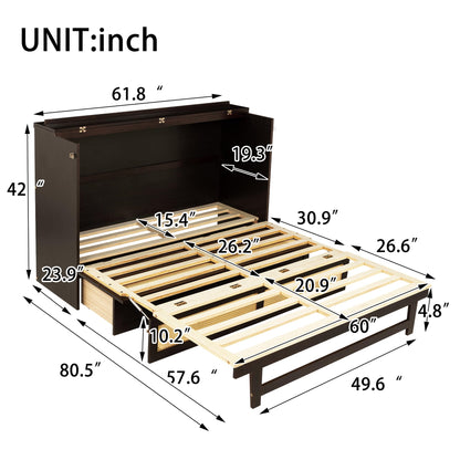 Ball & Cast Hideaway Cabinet Bed Queen Size,Wood Rattan Murphy Bedframe with Storage Drawer,Wall Platform can be Folded up,Space-Efficient Design,for Apartment,Bedroom,Espresso