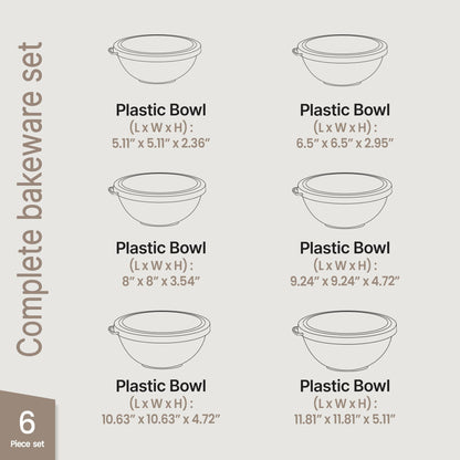 Bakken Master 12 Piece Plastic Nesting Bowls with Lids - Mixing Bowls Set includes 6 Prep Bowls and 6 Lids, BPA-Free, Reusable Meal Prep Containers, Microwave, Freezer & Dishwasher Safe, White Cream