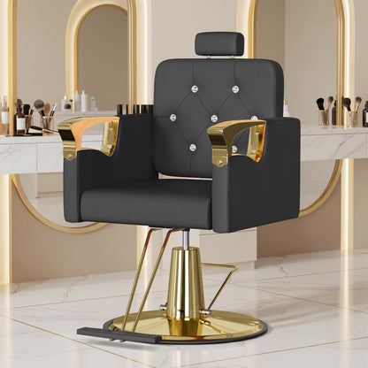 LOUVIXA Barber Chair Reclining, Salon Chairs for Hair Stylist, Height Adjustable Salon Styling Chair, Heavy Duty Barber Chairs, 360 Swivel Barbershop Chair (Black-Golden-440lbs)