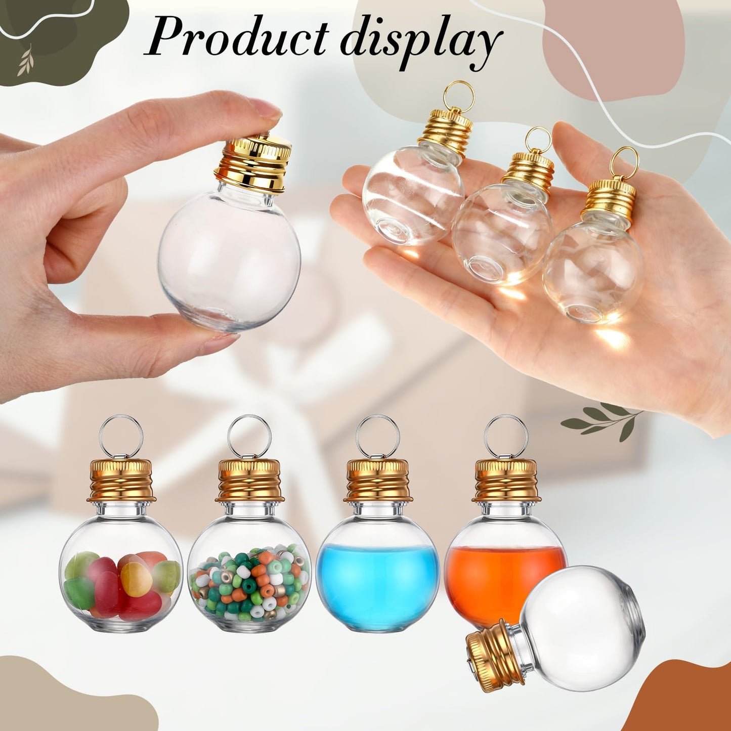 Bokon 25 Pack 1oz Mini Plastic Potion Bottles with Lids, Small Sand Art Bottles Ball Shaped Jar Tiny Clear Wishing Vial for Birthday Christmas Ornaments Halloween Party Decoration DIY Craft (Gold)
