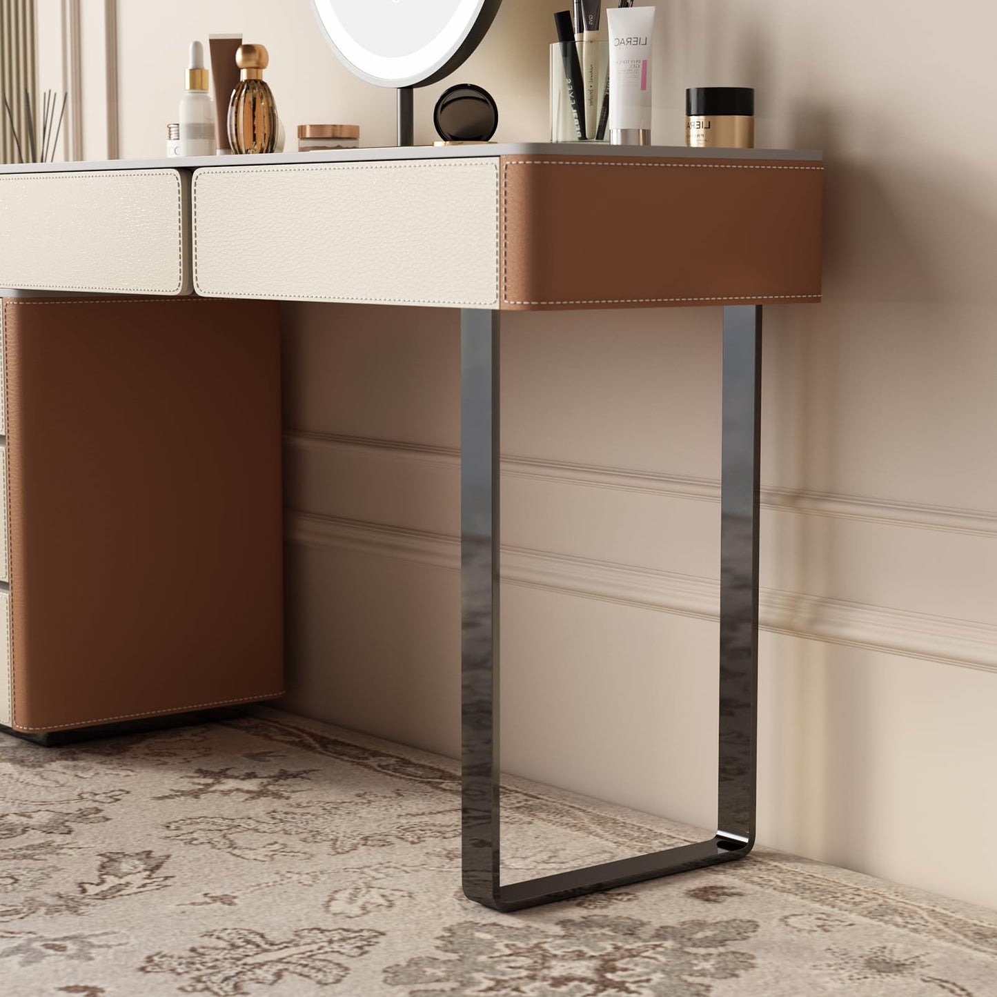 Lartis Faux Leather Makeup Vanity Desk Set with LED Lighted Mirror Luxury Dressing Makeup Table with Storage Drawers & Vanity Stool, Vanities (Brown/Gray)