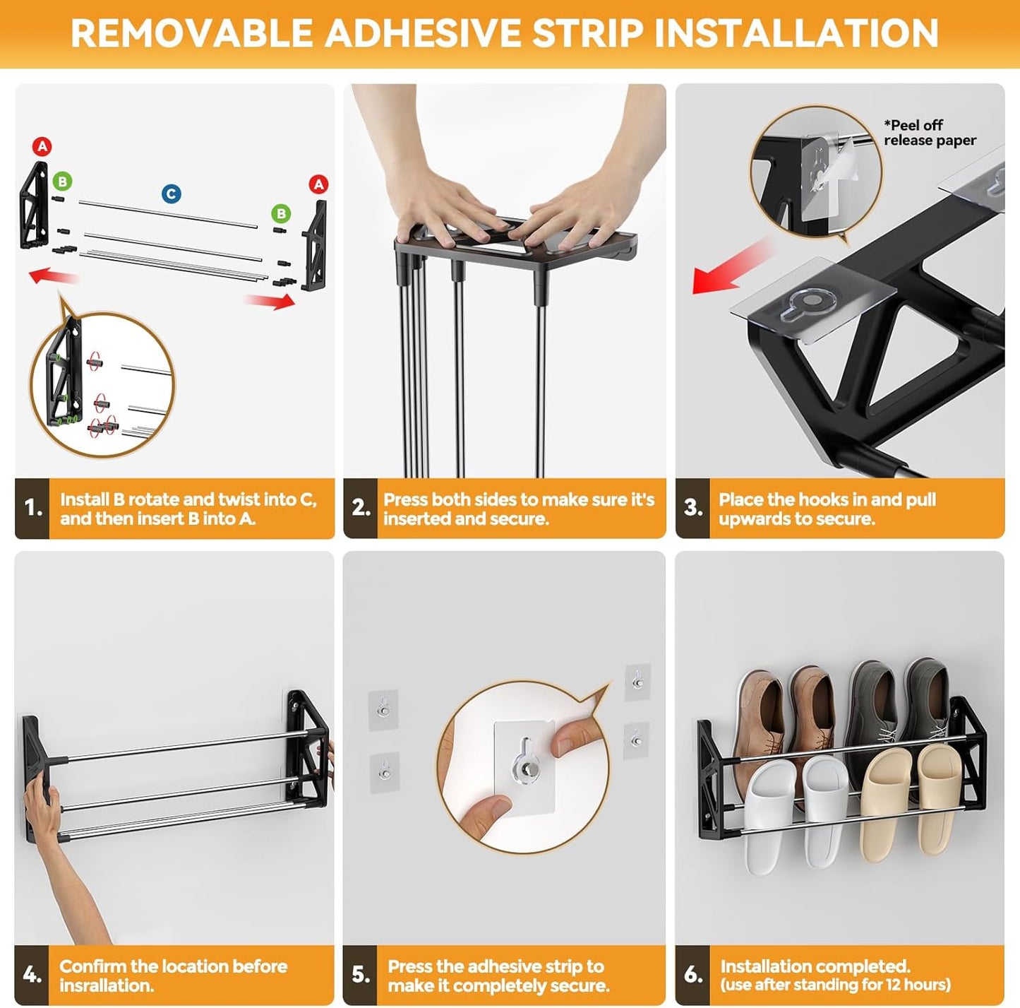 3 Pack 12 Hanging Shoe Rack for RV, Wall Shoe Rack with Sticky Adhesive Strips Slim Shoe Rack Shoe Holder Holds Pairs