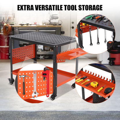 Portable Heavy Duty Welding Table – Steel Workbench Cart, 36"x24" Tabletop with 5/8" Holes, Tool Storage, Wheels & Brakes, Orange, for Shop or Garage