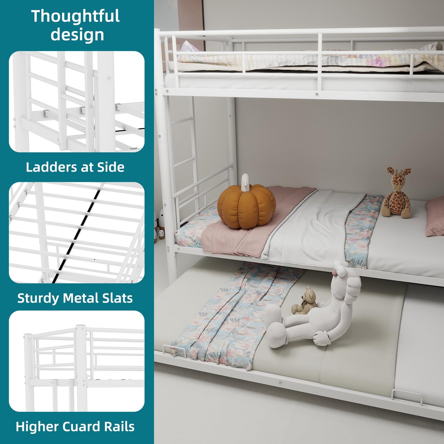 KEIKI Twin Size Triple Bunk Bed w/Trundle,Heavy Duty Metal Convertible Platform Bed Frame with Ladder & Full-Length Guardrail, for Teens, Adults, Noise Reduced, No Box Spring Needed,White