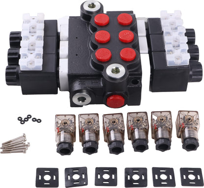 Solarhome 3 Spool Solenoid 12V DC Hydraulic Control Valve Open Center Double Acting 13 GPM 3600 PSI SAE Ports Compatible With Tractors Loaders Log Splitters