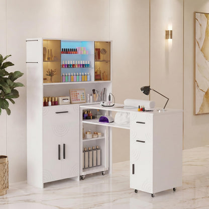 Oakvera Manicure Table with LED Display Cabinet, Mobile Nail Tech Desk Built-in Dust Collector, Nail Station with Double Tabletop, 3 Adjustable Shelves, Open Storage, Drawers & Cabinets, White