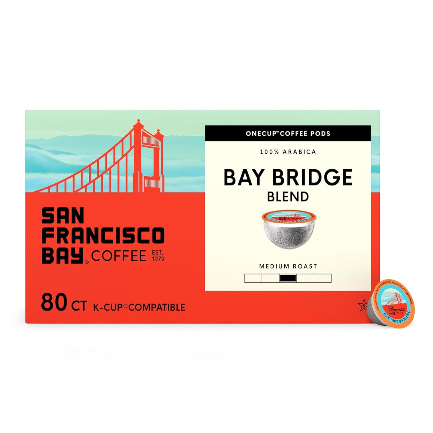 San Francisco Bay K-Cup Coffee Pods - Bay Bridge Blend, Medium Roast, 80 Count, Compostable