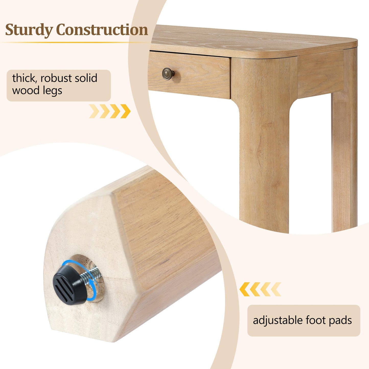 Merax 52" Console Table with 3 Drawers, Rustic Entryway Table with Curved Corners, Narrow Long Sofa Table for Living Room, Hallway, Entrance, Behind Couch, Foyer, Sturdy Thick Legs, Light Oak