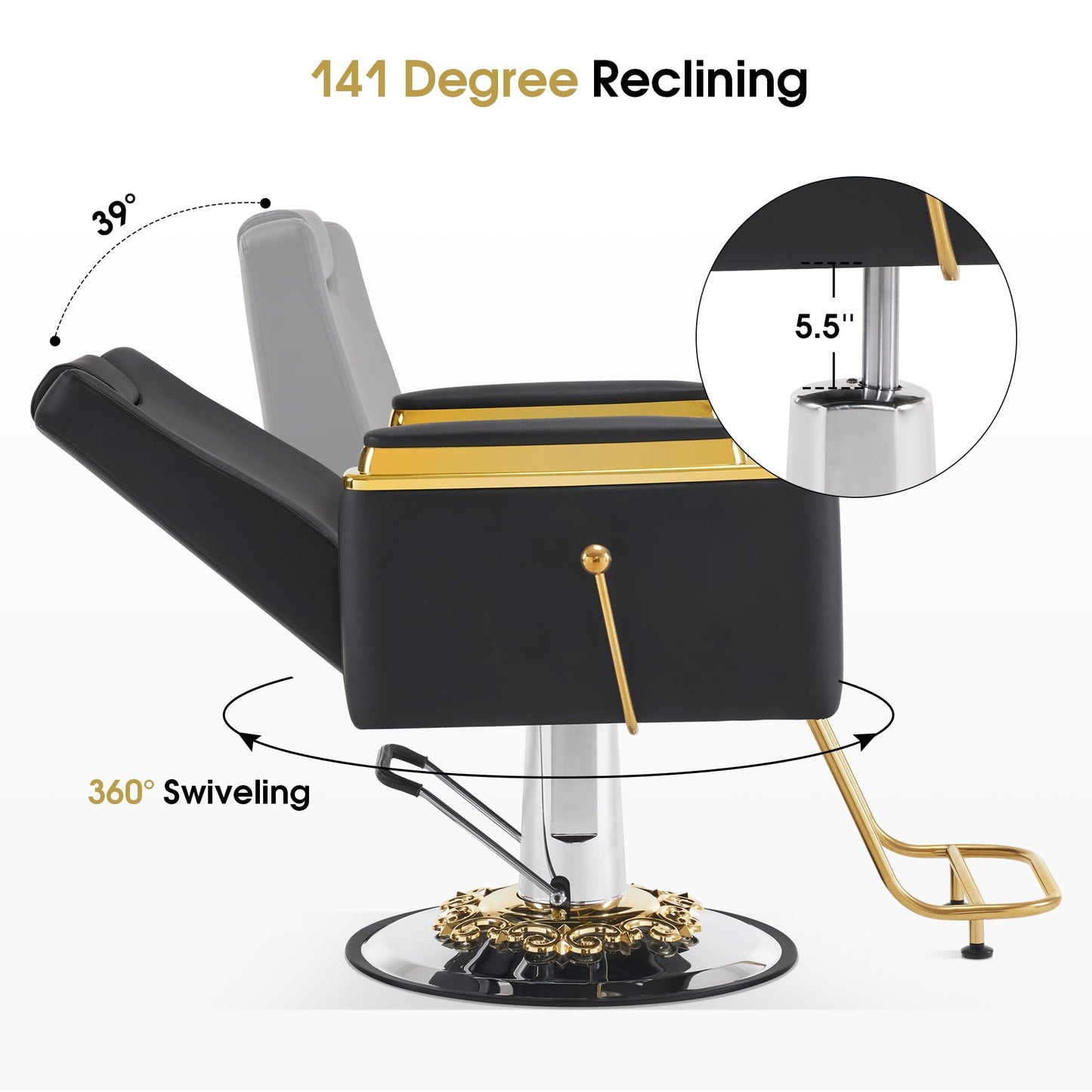 BarberPub Luxurious Barber Chair with Heavy-Duty Hydraulic Pump, Adjustable Reclining Salon Chair for Hair Stylist, Gold&Black Hair Styling Chair, Barbershop 8623 (Black)