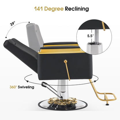 BarberPub Luxurious Barber Chair with Heavy-Duty Hydraulic Pump, Adjustable Reclining Salon Chair for Hair Stylist, Gold&Black Hair Styling Chair, Barbershop 8623 (Black)