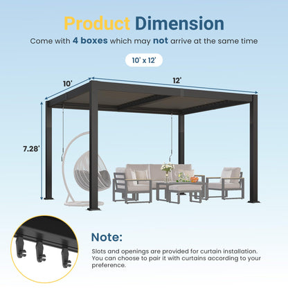10' x 12' Louvered Pergola, Metal Outdoor Pergola with Adjustable Louvered Roof & Gutter System, Hardtop Patio Gazebo for Backyard, Deck, Garden, Dark Gray