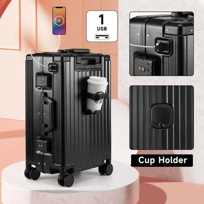 MYER Hard Case 26 Inch Checked Luggage with Spinner Wheels,Aluminum Luggage with 100% 3-Layer PC,Hard Shell Suitcases with Wheels,Cup Holder and USB Port