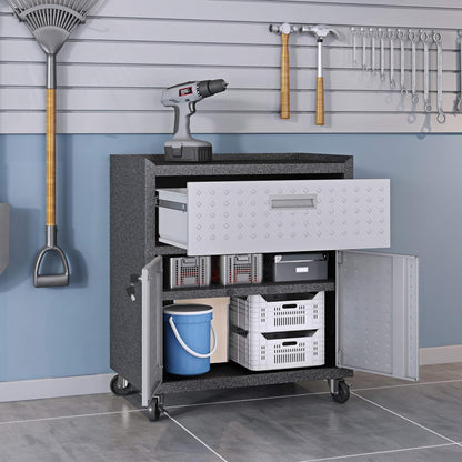 Manhattan Comfort Fortress Textured Metal 31.5" Garage Mobile Cabinet with 1 Full Extension Drawer and 2 Adjustable Shelves, Black/Gray