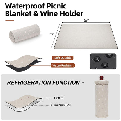 G GOOD GAIN Picnic Basket for 2-19Pcs Wicker Picnic Set with Waterproof Blanket & Wine Bag| Large Picnic Hamper with Insulated Cooler & Cutlery Kit for Couples Camping,White Flower