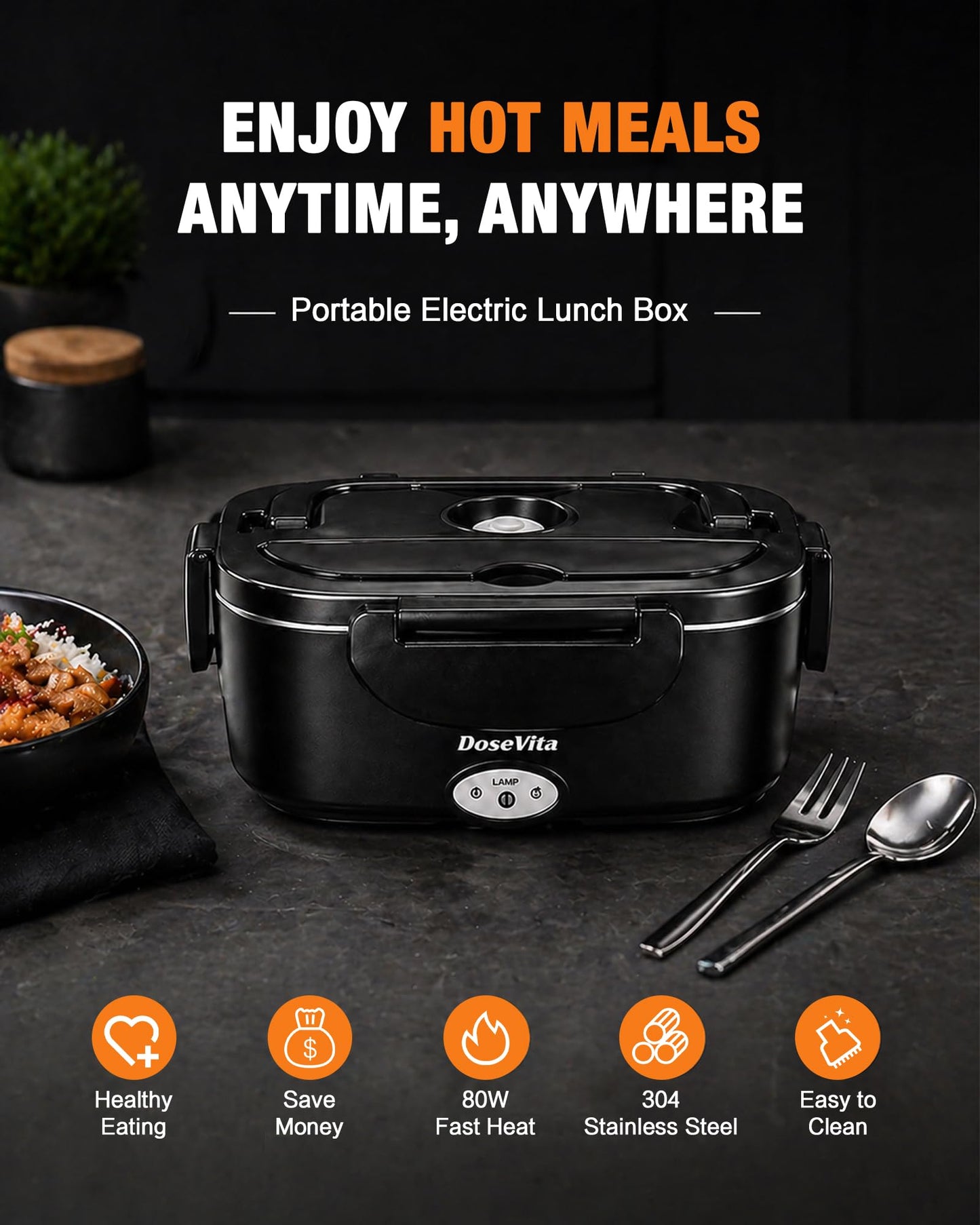 Dosevita Electric Lunch Box for Adults, 80W Heated Lunch Box 1.5L 304 Stainless Steel Portable Food Warmer,12/24/110V Lonchera Eléctrica Portátil for Car, Truck, Work, Travel