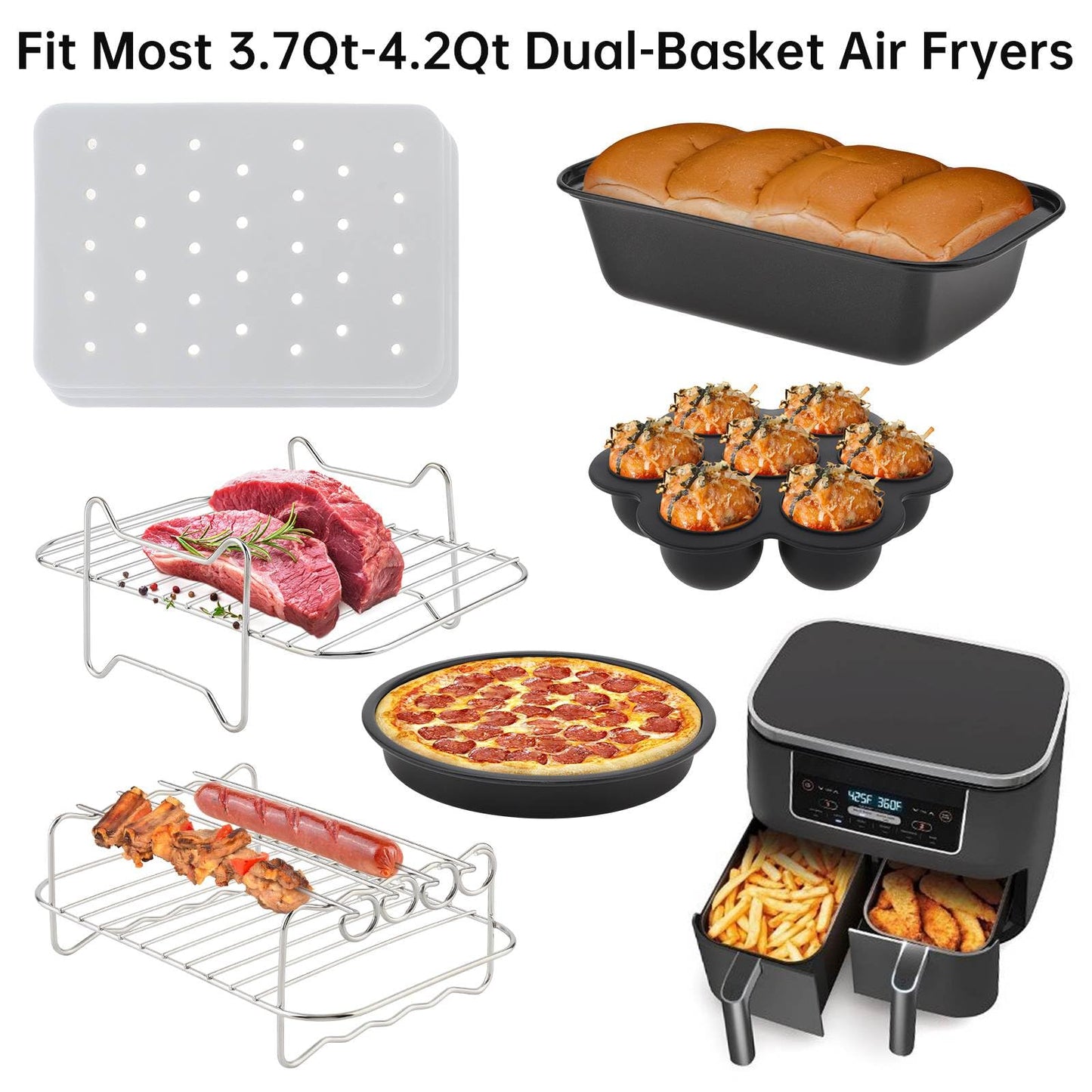 Dual Basket Air Fryer Accessories 9Pcs, Fit for Ninja Dual Air Fryer DZ201, DZ401, DZ550 & Most 8QT - 10QT and Larger Dual Zone Air Fryer, Include Cake Pizza Pan, Racks & Skewer, Paper Liner, etc
