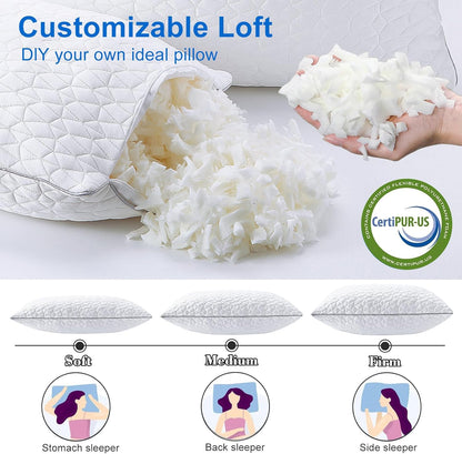 Skiennix Cooling Pillows | Queen Size Set of 2 | Shredded Memory Foam for Hot Sleepers | 20" x 30", White