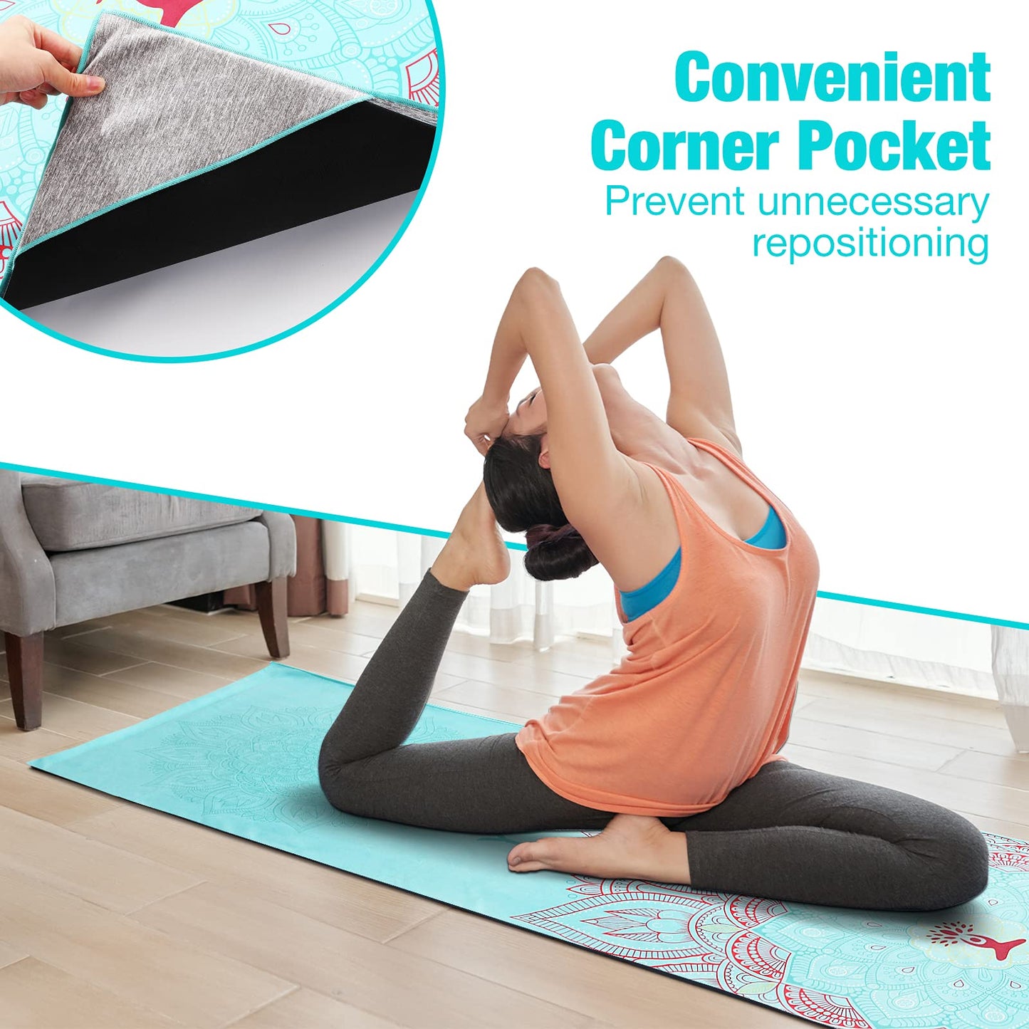 MoKo Yoga Towel, Non Slip Hot Yoga Mat Yoga Blanket Printing Pattern Quick Dry with Corner Pocket for Bikram, Pilates, Gym Workout, Outdoor Picnic, Lotus