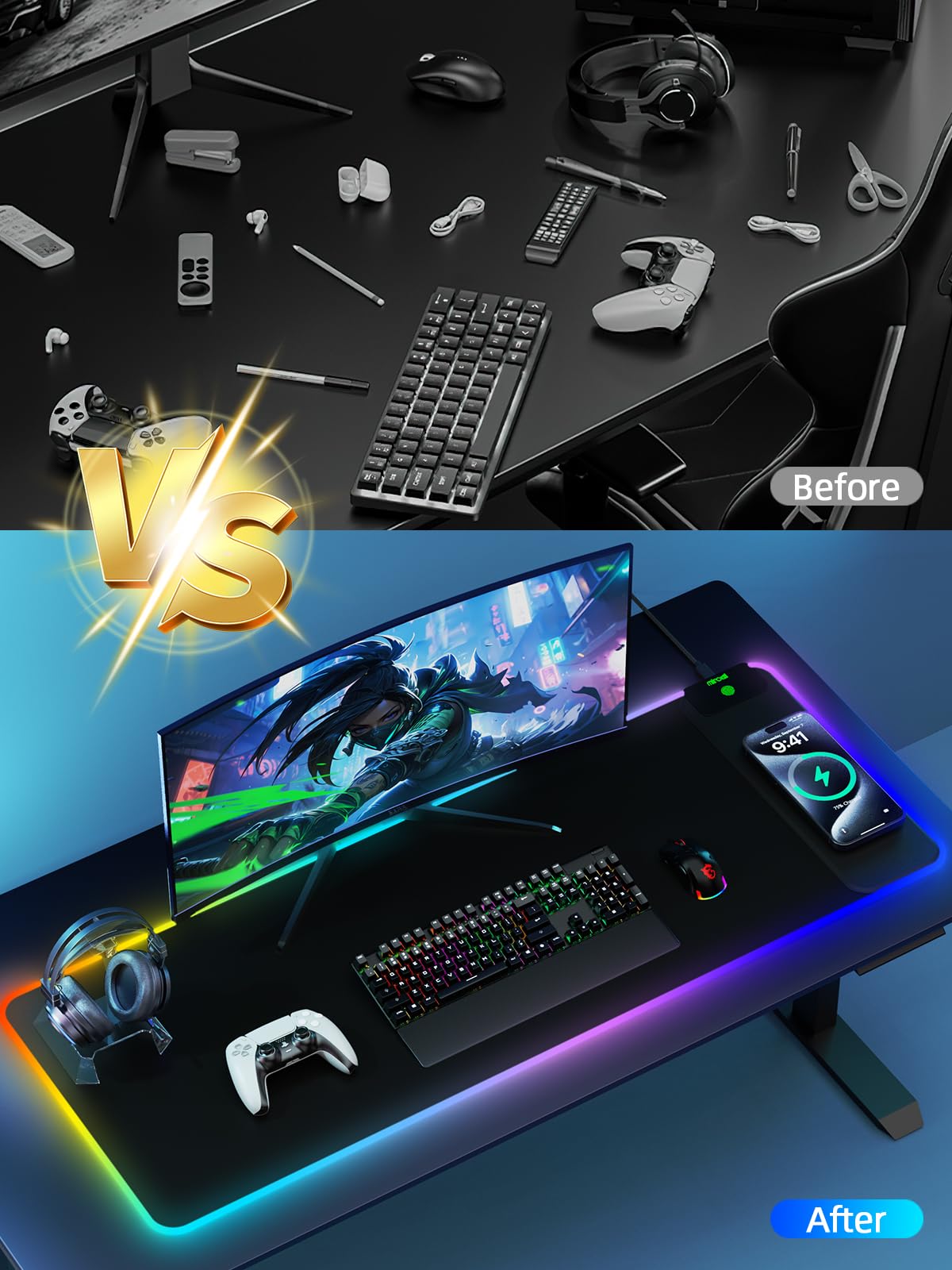 Mouse Pad with Wireless Charging, Large Desk Mat RGB Gaming Mousepad, 10 Light Colors LED Gaming Pad Keyboard Pad with Ultra-Smooth Surface & Non-Slip Rubber Base, Waterproof Full Desk Mouse Pad