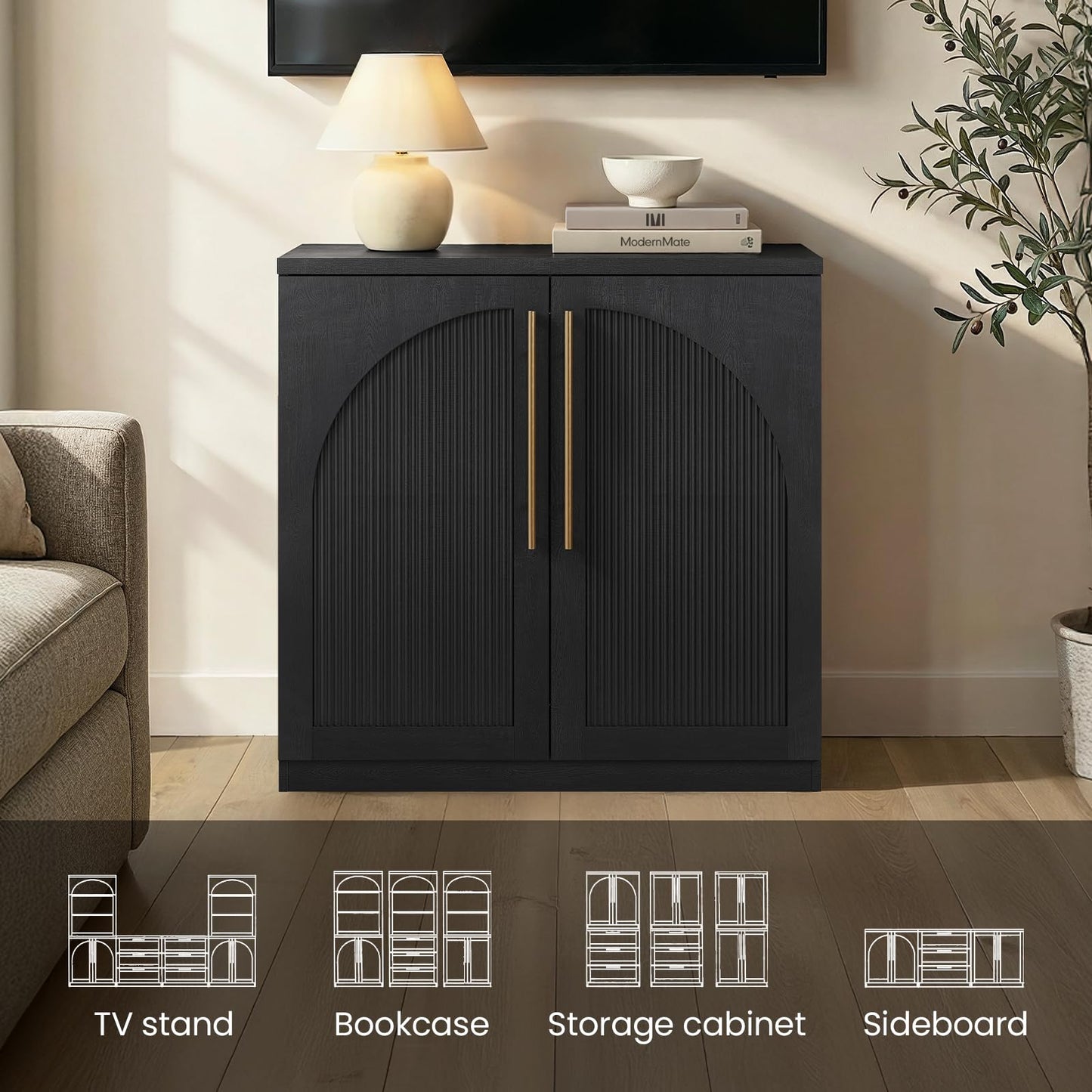 ModernMate Set of 2 Arched Sideboard Cabinets, 62" Modular Storage Buffet Table with Wave-Panel Doors, Black Wood Grain Media Console with Soft-Close Hinges for Living Room