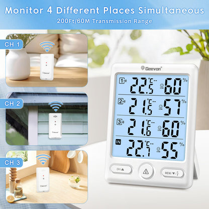 Geevon Indoor Outdoor Thermometer Wireless with 3 Remote Sensors, Digital Hygrometer Thermometer, Wireless Temperature Humidity Monitor Gauge with 200FT/60M Range (Black)