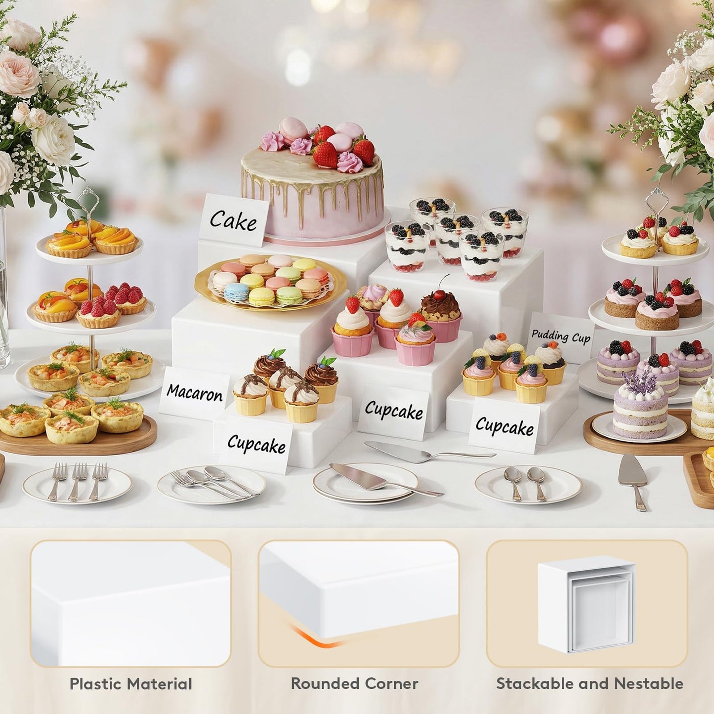 Lifewit 6 PCS Buffet Risers and Stands, (6",6",7",7.8",8.3",10") Food Risers for Buffet Table, Catering Dessert Cake Holder for Party, Collectibles Jewelry Display Shelf, Nesting Cube Boxes, White