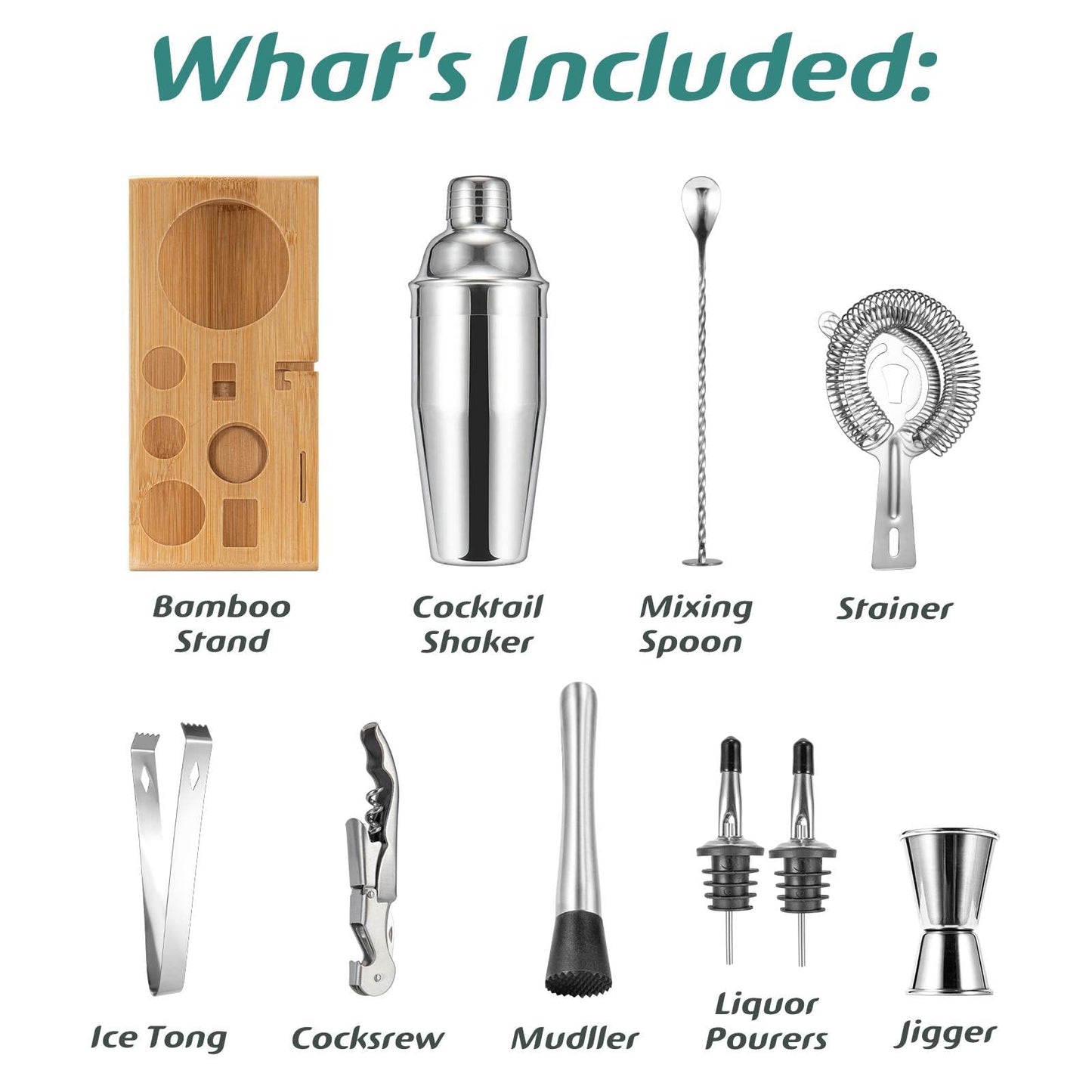 Cocktail Shaker Set, 18/8 Food-Grade Stainless Steel Mixology Bartender Kit 10-Piece Bar Tools with Stylish Bamboo Stand - Rust-Proof & Dishwasher Safe - Professional Martini Shaker Gift for Men, Dad