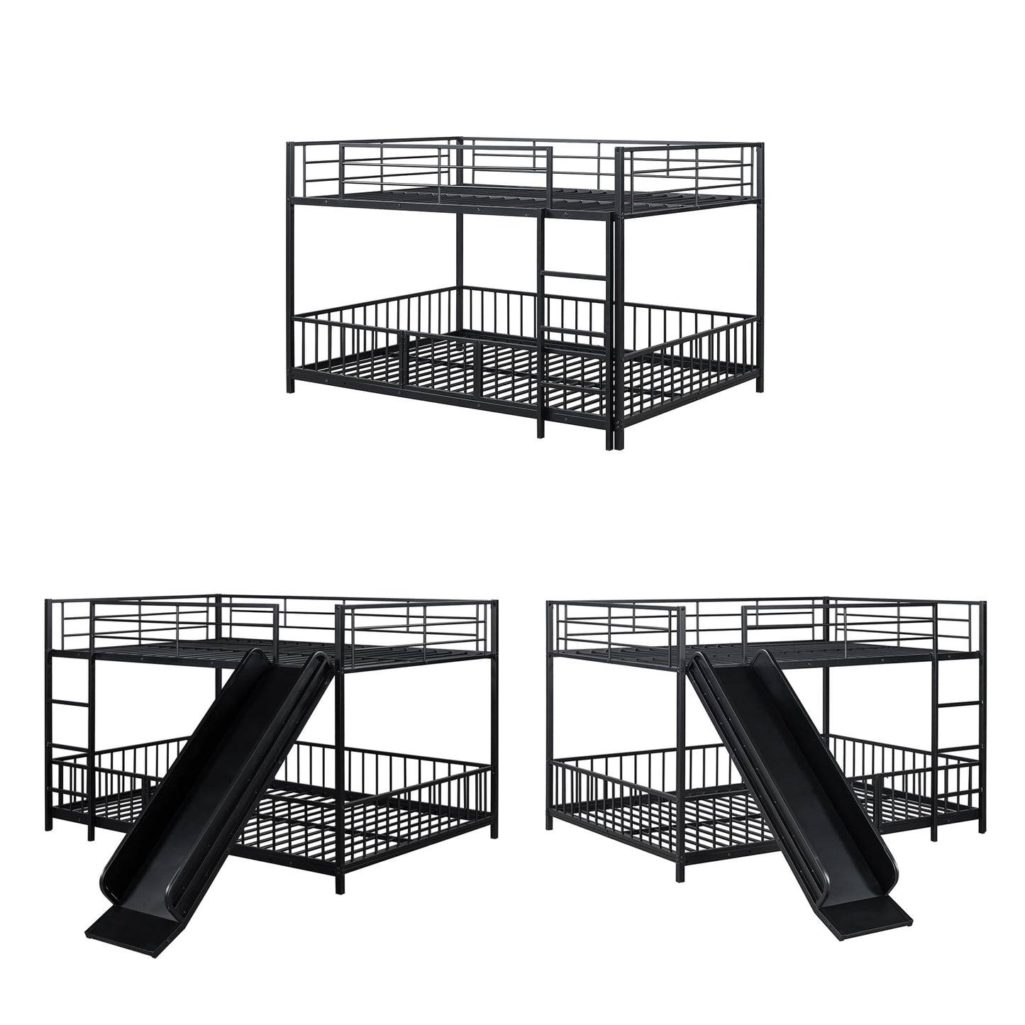 Bellemave Full Over Full Bunk Bed with Slide and Ladder, Metal Low Bunk Bed for Kids, Girls, Boys, Removable Fence, with Door, Black