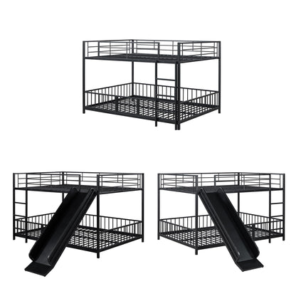 Bellemave Full Over Full Bunk Bed with Slide and Ladder, Metal Low Bunk Bed for Kids, Girls, Boys, Removable Fence, with Door, Black