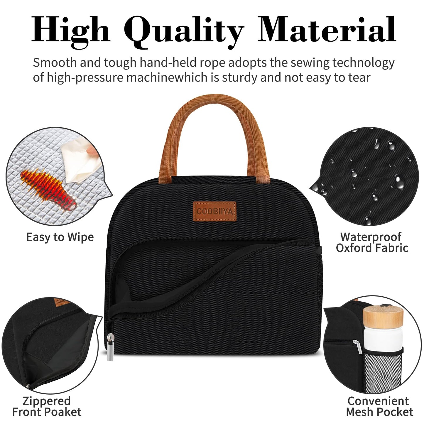 Coobiiya Lunch Box Lunch Bag for Women Adults Men, Reusable Cute Lunch Pail bag - Leakproof, Insulated Lunch Box Tote with Large Capacity, Cooler Lunch Container for Work/Travel/Office (Black)