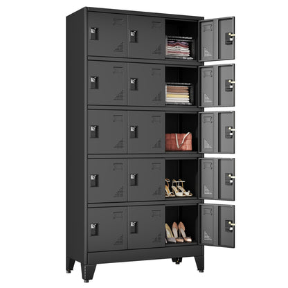 Lusiwry Metal Lockers for Employees-15 Doors Storage Locker with Shelves and Lockable Steel Cabinet for School,Gym,Office,Staff,Assembly Required,Black
